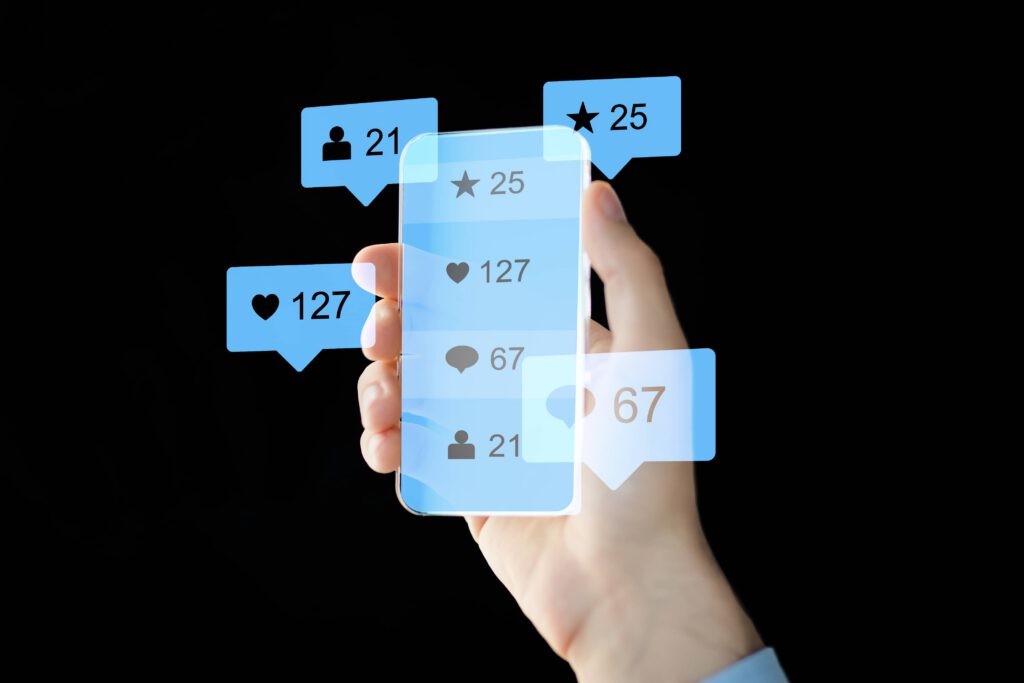 Social media engagement metrics and mobile content concept